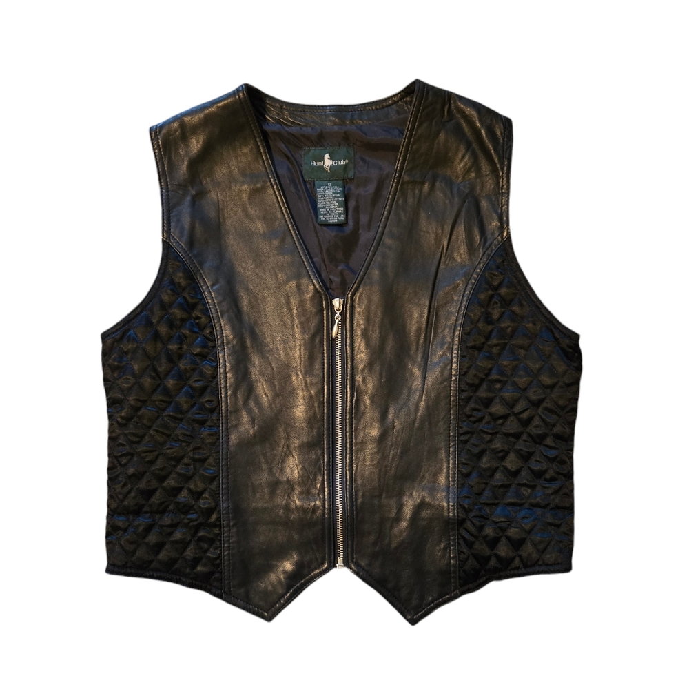 HUNT CLUB Black Leather Quilted Zip Up Vest Hunting Biker Horse Size 12 Unisex